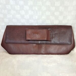 Liz Soto brown leather croc embossed east west rectangular clutch wrist loop